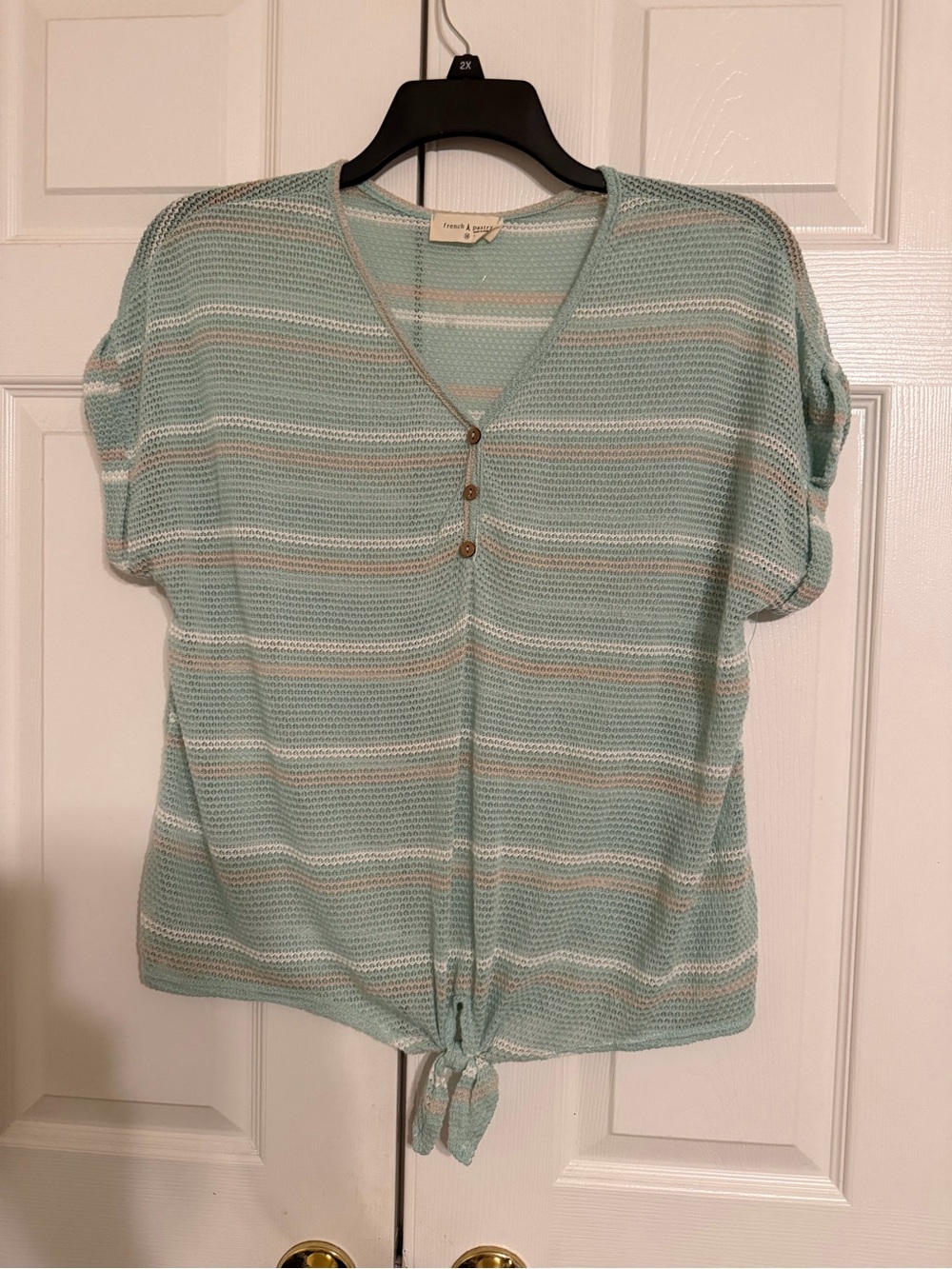 french pastry Mint and White Striped Tie-Front Knit Top